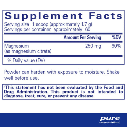 Supplement facts and ingredient information for a  container of Pure Encapsulations Magnesium powder.
