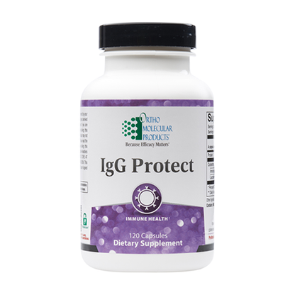 A bottle of Orthomolecular Products IgG Protect dietary supplement with 120 capsules, labeled for immune health.