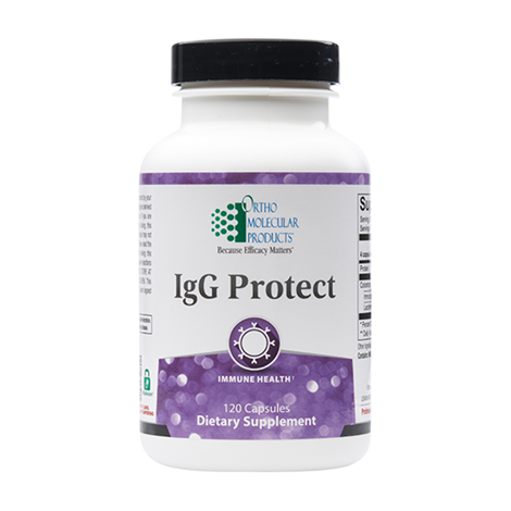 A bottle of Orthomolecular Products IgG Protect dietary supplement with 120 capsules, labeled for immune health.
