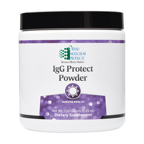 A container of Orthomolecular Products IgG Protect Powder, labeled as a dietary supplement with 150 grams (5.29 oz) net weight.