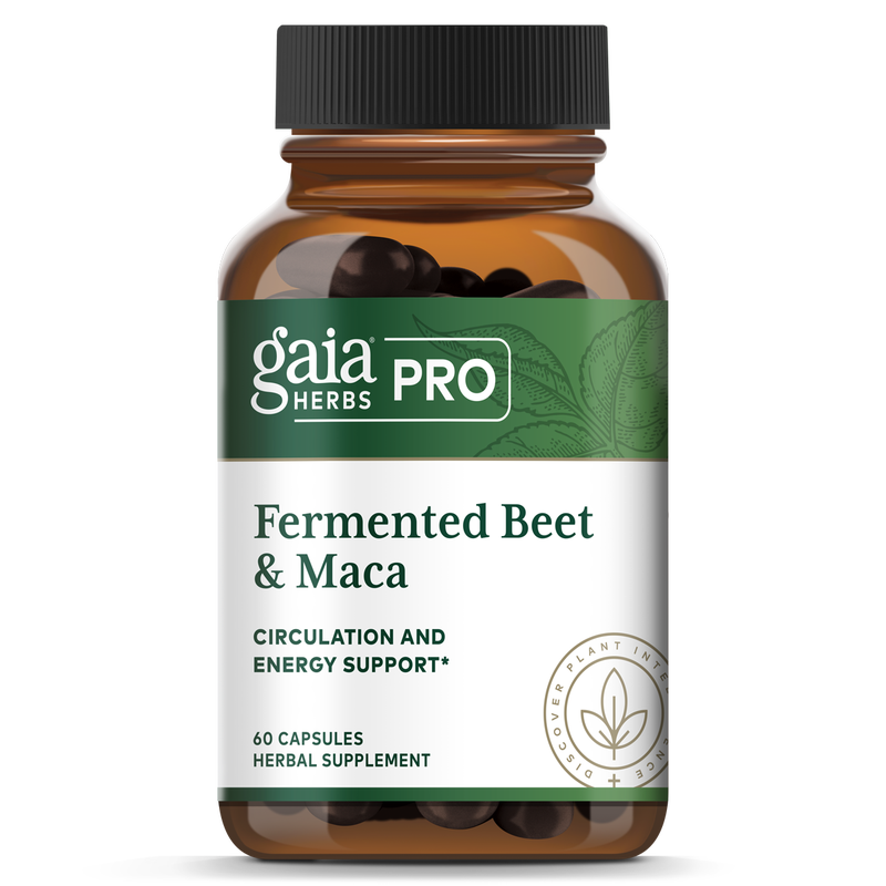 A bottle of Gaia Herbs Pro Fermented Beet and Maca capsules with 50 capsules inside. The label indicates it is a product for circulation and energy support.