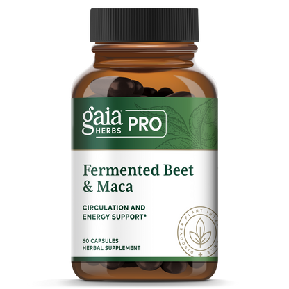 A bottle of Gaia Herbs Pro Fermented Beet and Maca capsules with 50 capsules inside. The label indicates it is a product for circulation and energy support.