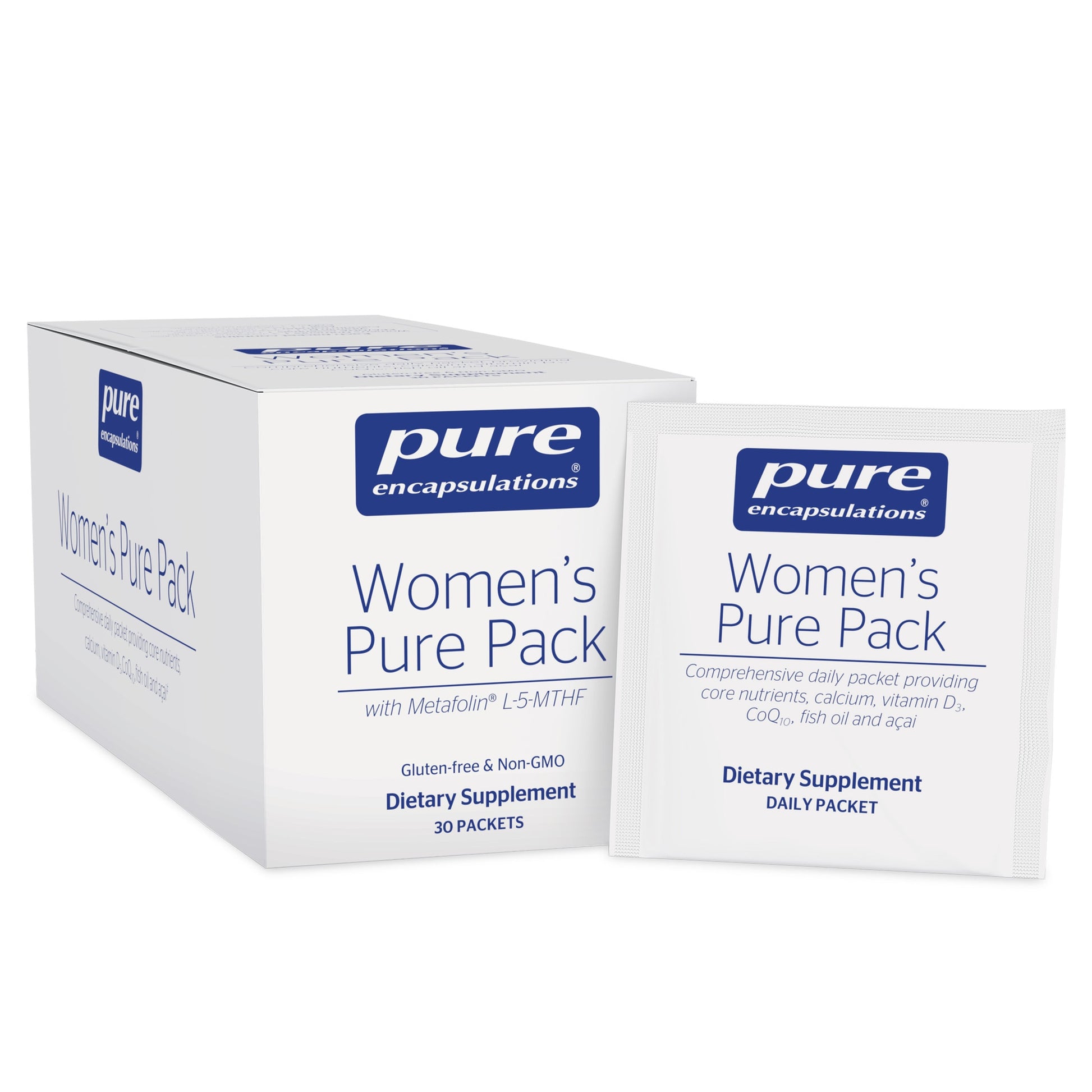 Packaging of Pure Encapsulations Women's Pure Pack dietary supplement. The package contains 30 packets, with each packet having 9 capsules.
