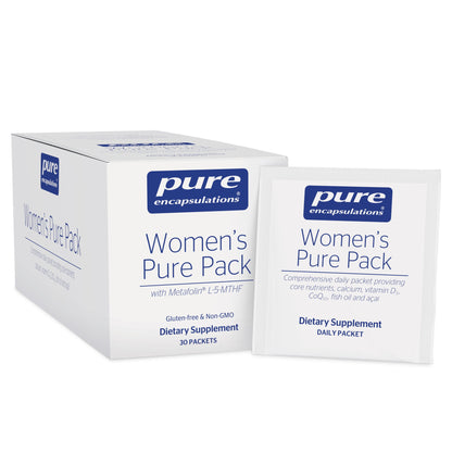 Packaging of Pure Encapsulations Women's Pure Pack dietary supplement. The package contains 30 packets, with each packet having 9 capsules.