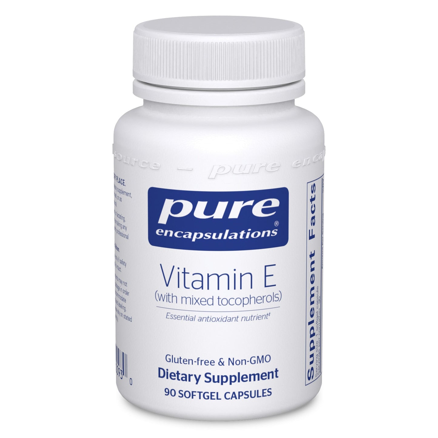 A bottle of Pure Encapsulations Vitamin E with mixed tocopherols, in a white container with a blue label, indicating it is a dietary supplement with 90 softgel capsules.