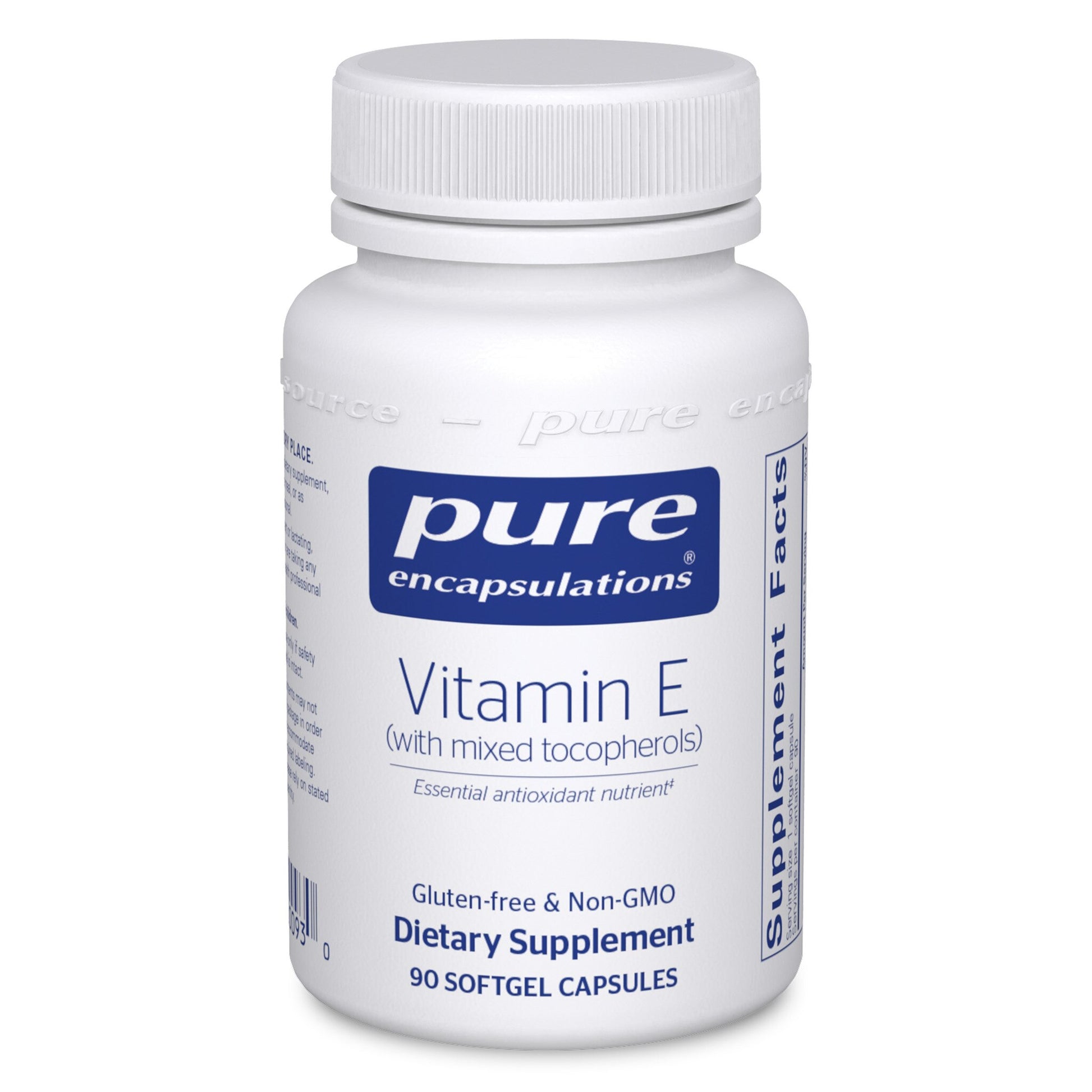 A bottle of Pure Encapsulations Vitamin E with mixed tocopherols, in a white container with a blue label, indicating it is a dietary supplement with 90 softgel capsules.
