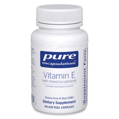 A bottle of Pure Encapsulations Vitamin E with mixed tocopherols, in a white container with a blue label, indicating it is a dietary supplement with 90 softgel capsules.