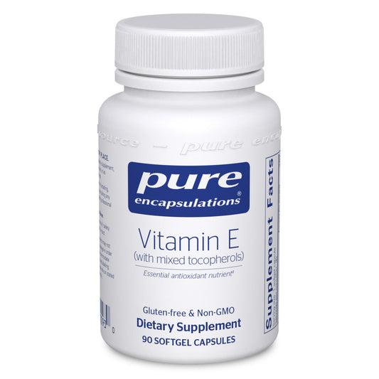 A bottle of Pure Encapsulations Vitamin E with mixed tocopherols, in a white container with a blue label, indicating it is a dietary supplement with 90 softgel capsules.