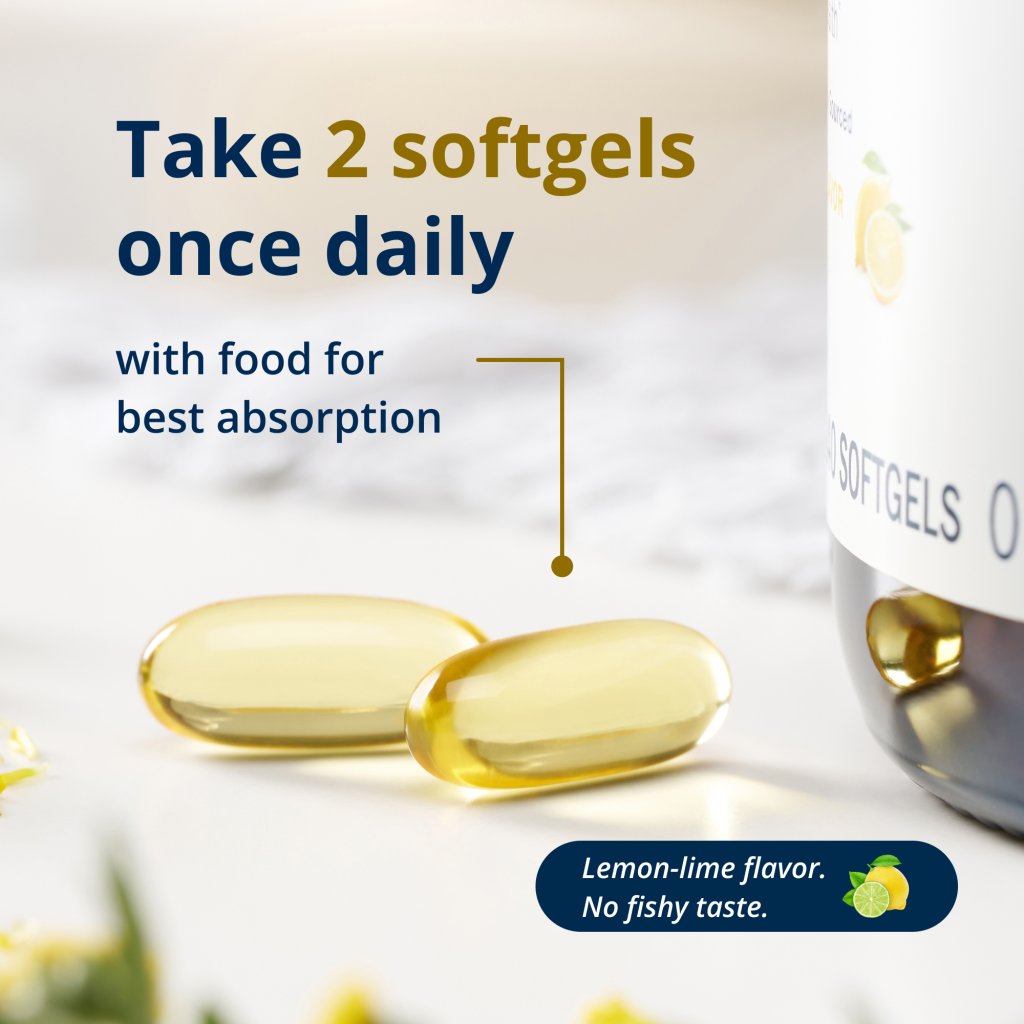 A picture of 2 soft gels with a slogan that says take two softegels daily with food for best absorption. 