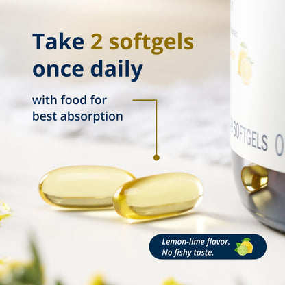 A picture of 2 soft gels with a slogan that says take two softegels daily with food for best absorption. 