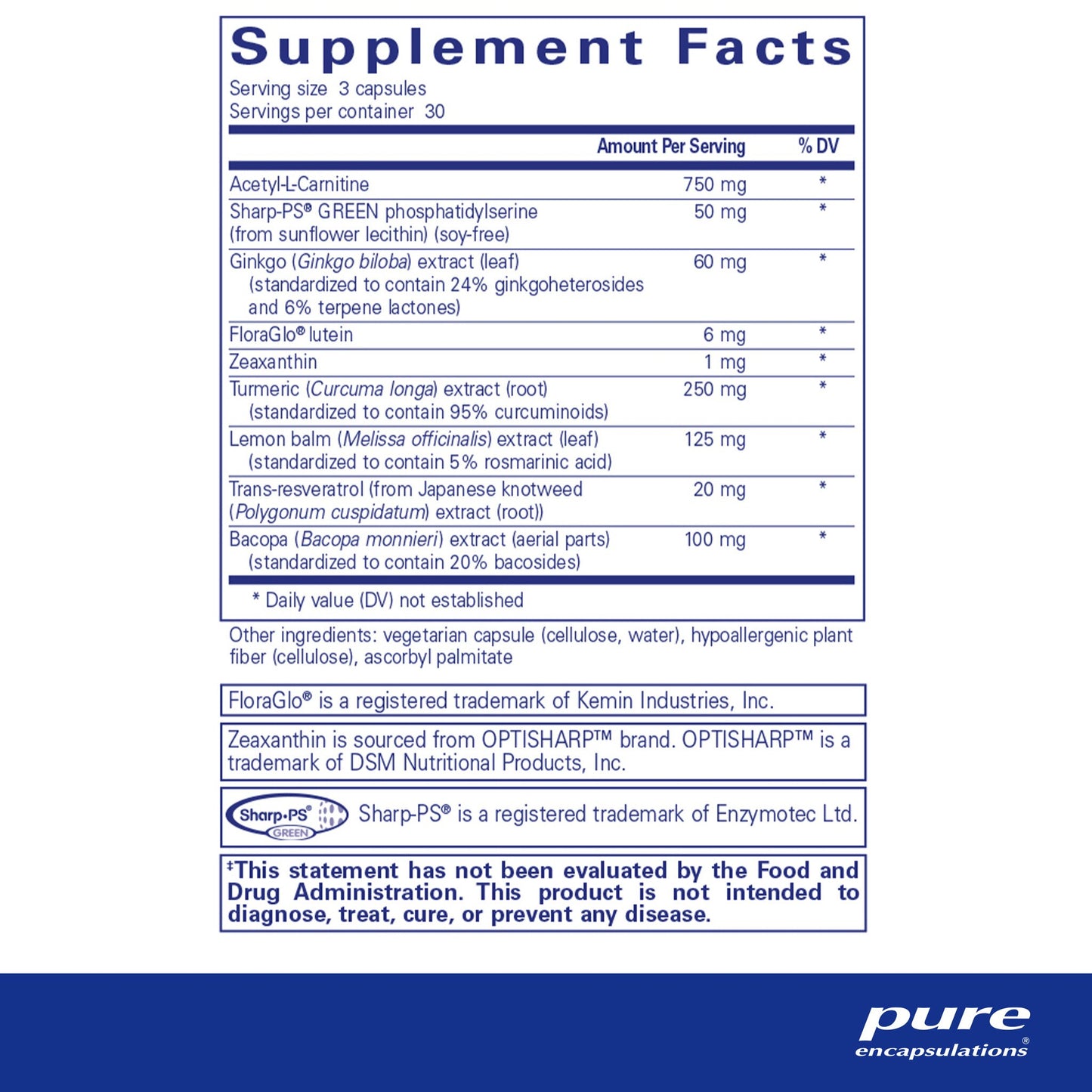 Supplement facts and ingredient information for a bottle of Pure Encapsulations Memory Pro dietary supplement 