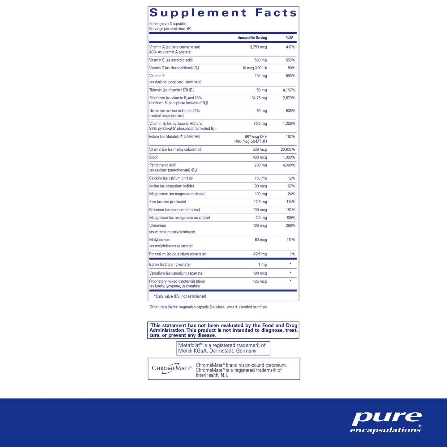 Supplement facts and ingredient information for a bottle of Pure Encapsulations Nutrient 950 A without copper & iron dietary supplement