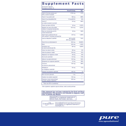 Supplement facts and ingredient information for a bottle of Pure Encapsulations Nutrient 950 A without copper & iron dietary supplement