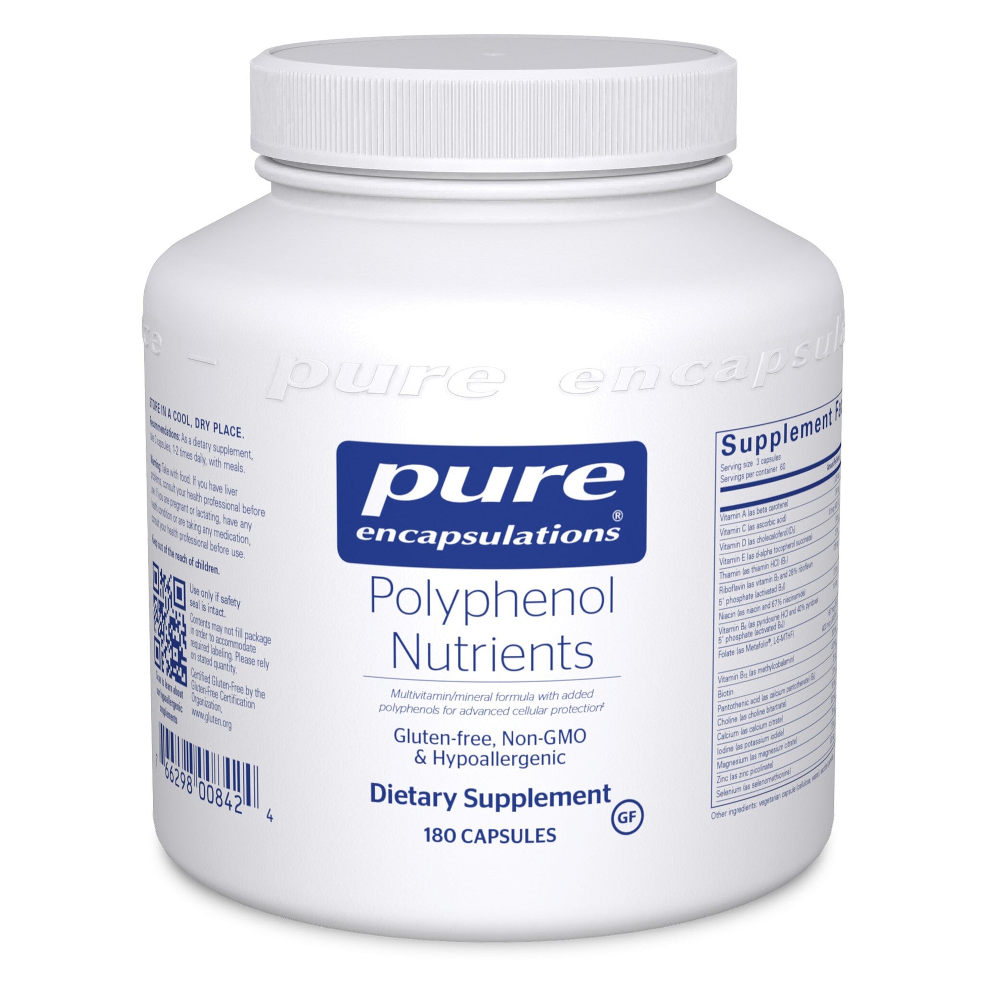 A white bottle of Pure Encapsulations Polyphenol Nutrients with a blue and green label, containing 180 capsules.