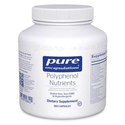 A white bottle of Pure Encapsulations Polyphenol Nutrients with a blue and green label, containing 180 capsules.