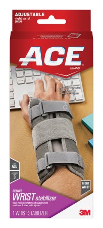 A picture of a red ACE box with a picture of a gray wrist brace on a wrist that is near a keyboard.