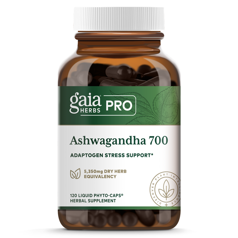 A bottle of Gaia Herbs Ashwagandha 700, with 120 capsules, labeled as adaptogen stress support.