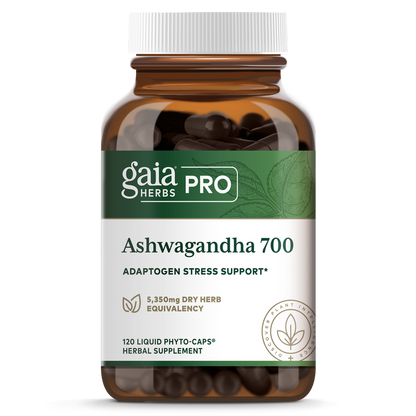 A bottle of Gaia Ashwagandha 700 supplement with 120 capsules, labeled as adaptogen stress support.