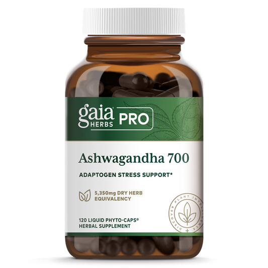 A bottle of Gaia Ashwagandha 700 supplement with 120 capsules, labeled as adaptogen stress support.