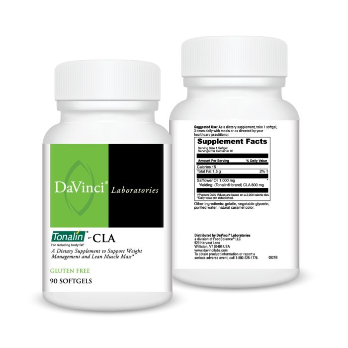 Two bottles of DaVinci Laboratories Tonalin CLA supplement on a white background