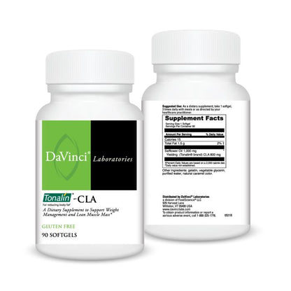 Two bottles of DaVinci Laboratories Tonalin CLA supplement on a white background