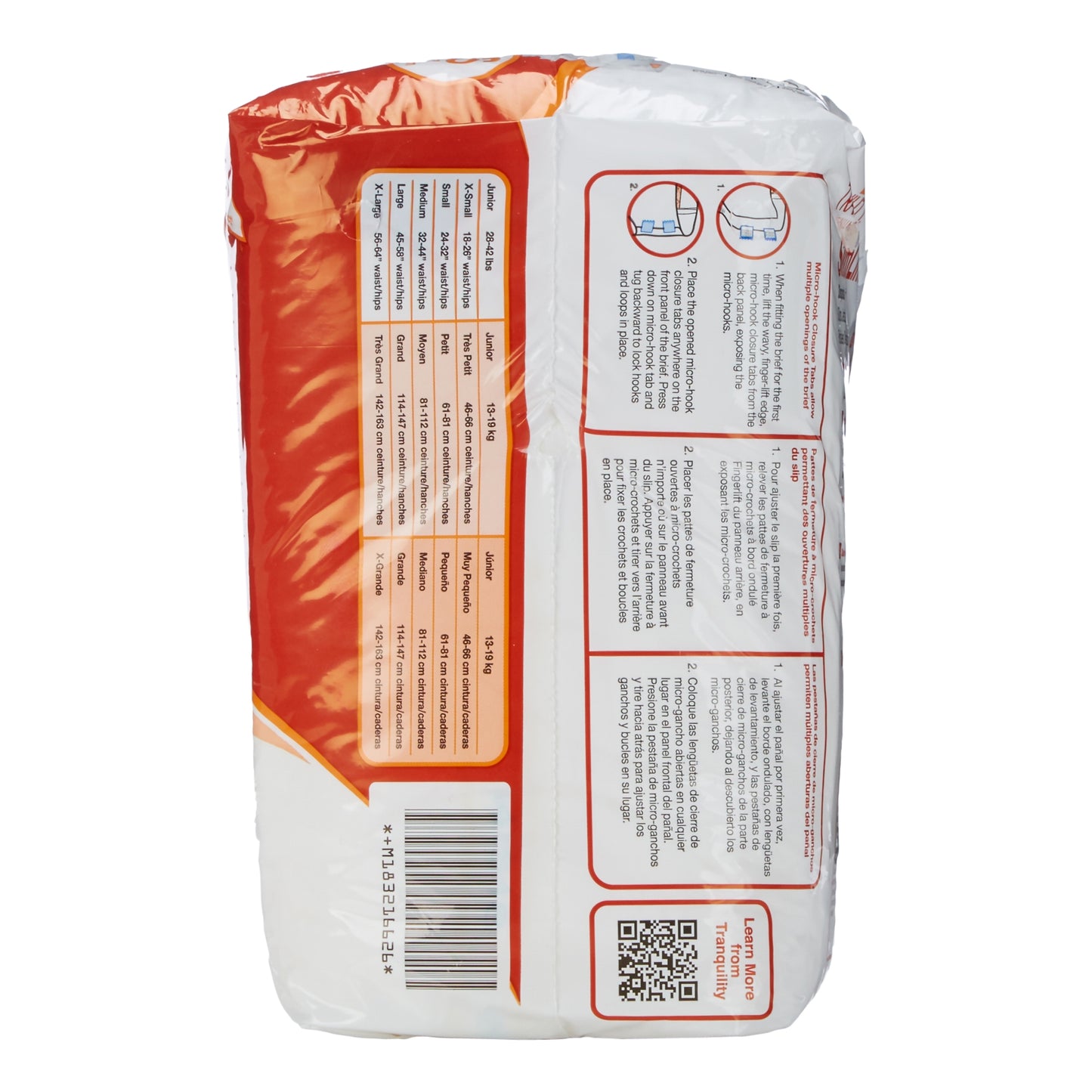 Back view of a white and red package with text and a QR code on a white background