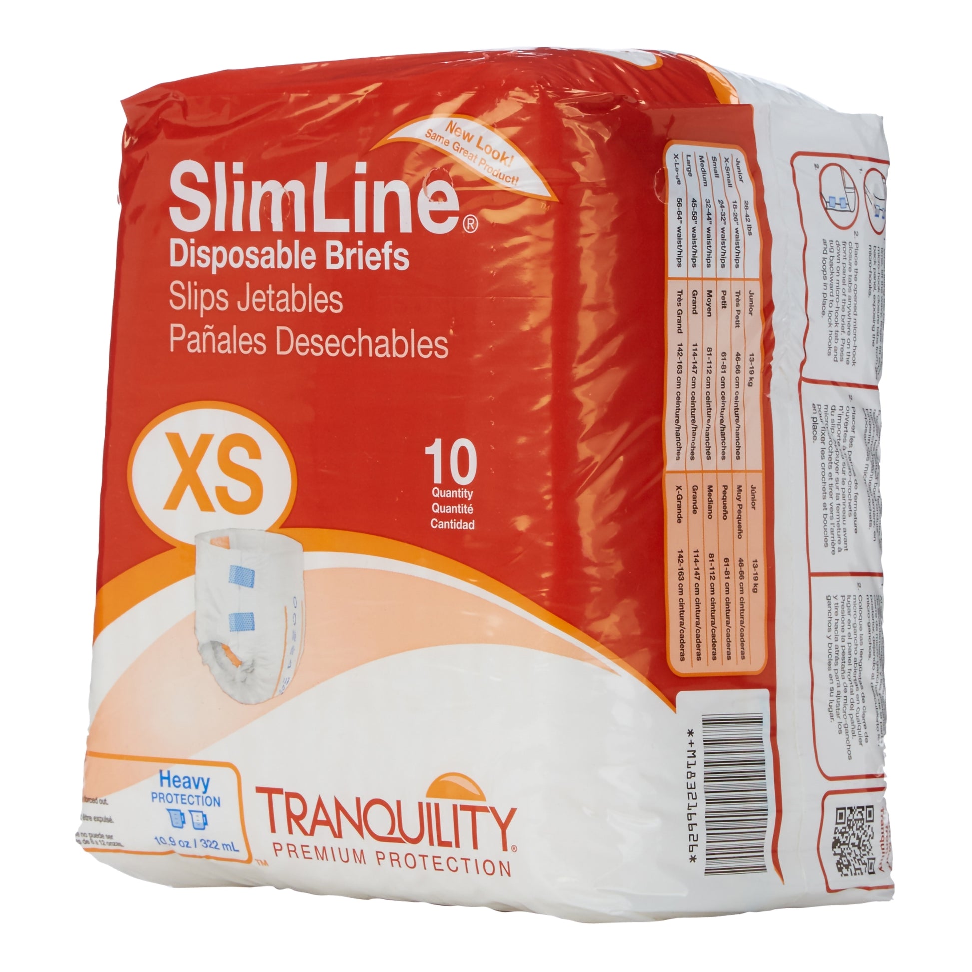 SlimLine disposable briefs packaging with Tranquility branding on a white background