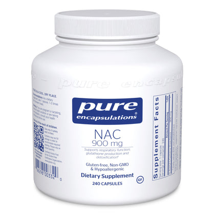 A bottle of Pure Encapsulations NAC (n-acetyl-l-cysteine) 900 mg dietary supplement containing 240 capsules.