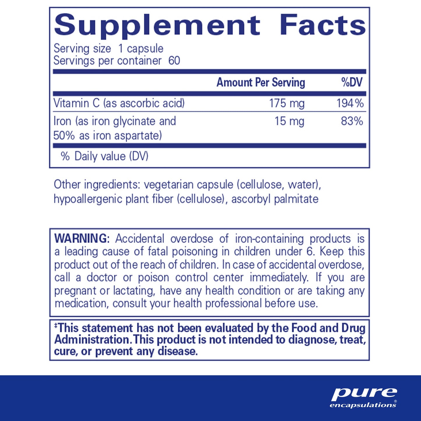 Supplment facts and ingredient information for a bottle of Pure Encapsulations Iron C dietary supplement