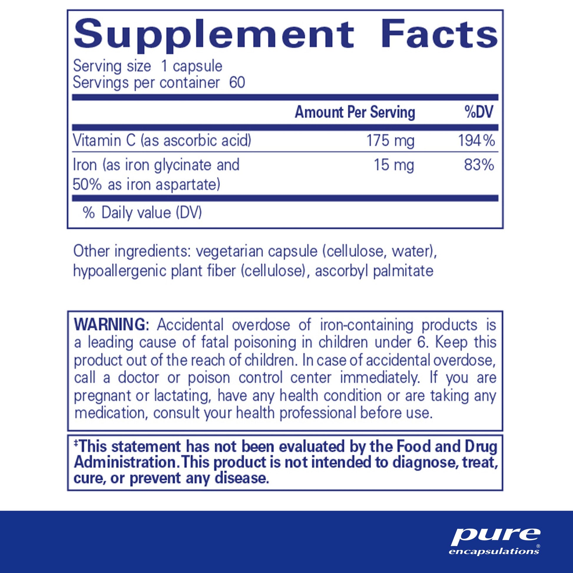 Supplment facts and ingredient information for a bottle of Pure Encapsulations Iron C dietary supplement