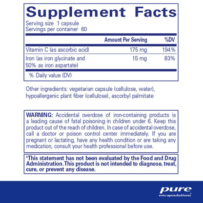 Supplment facts and ingredient information for a bottle of Pure Encapsulations Iron C dietary supplement