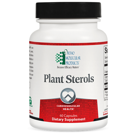 A bottle of OrthoMolecular Products Plant Sterols dietary supplement with 60 capsules, labeled for cardiovascular health.