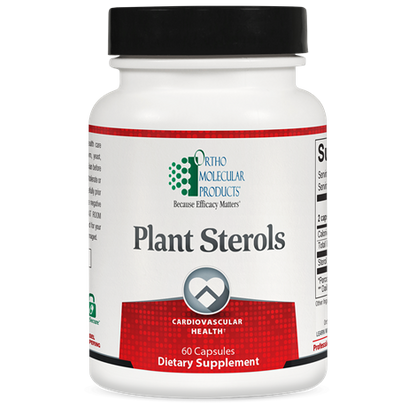 A bottle of OrthoMolecular Products Plant Sterols dietary supplement with 60 capsules, labeled for cardiovascular health.