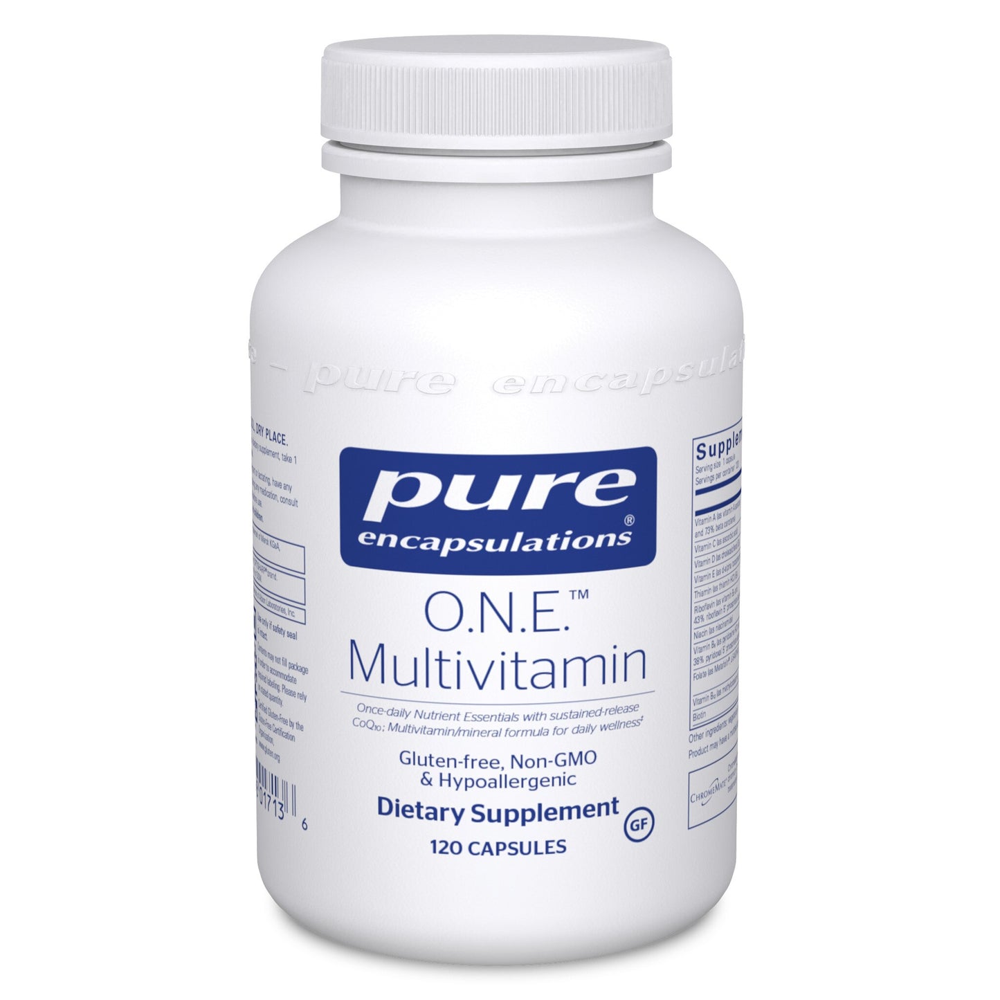 A white bottle of Pure Encapsulations O.N.E. Multivitamin with a label that includes the brand name and product name.