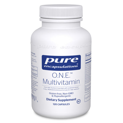 A white bottle of Pure Encapsulations O.N.E. Multivitamin with a label that includes the brand name and product name.