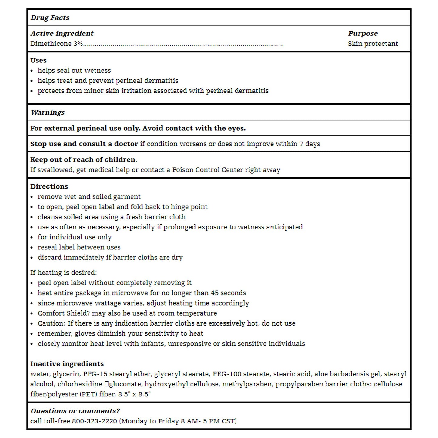Drug facts label for a skin protectant product with active ingredient Dimethicone 3%.