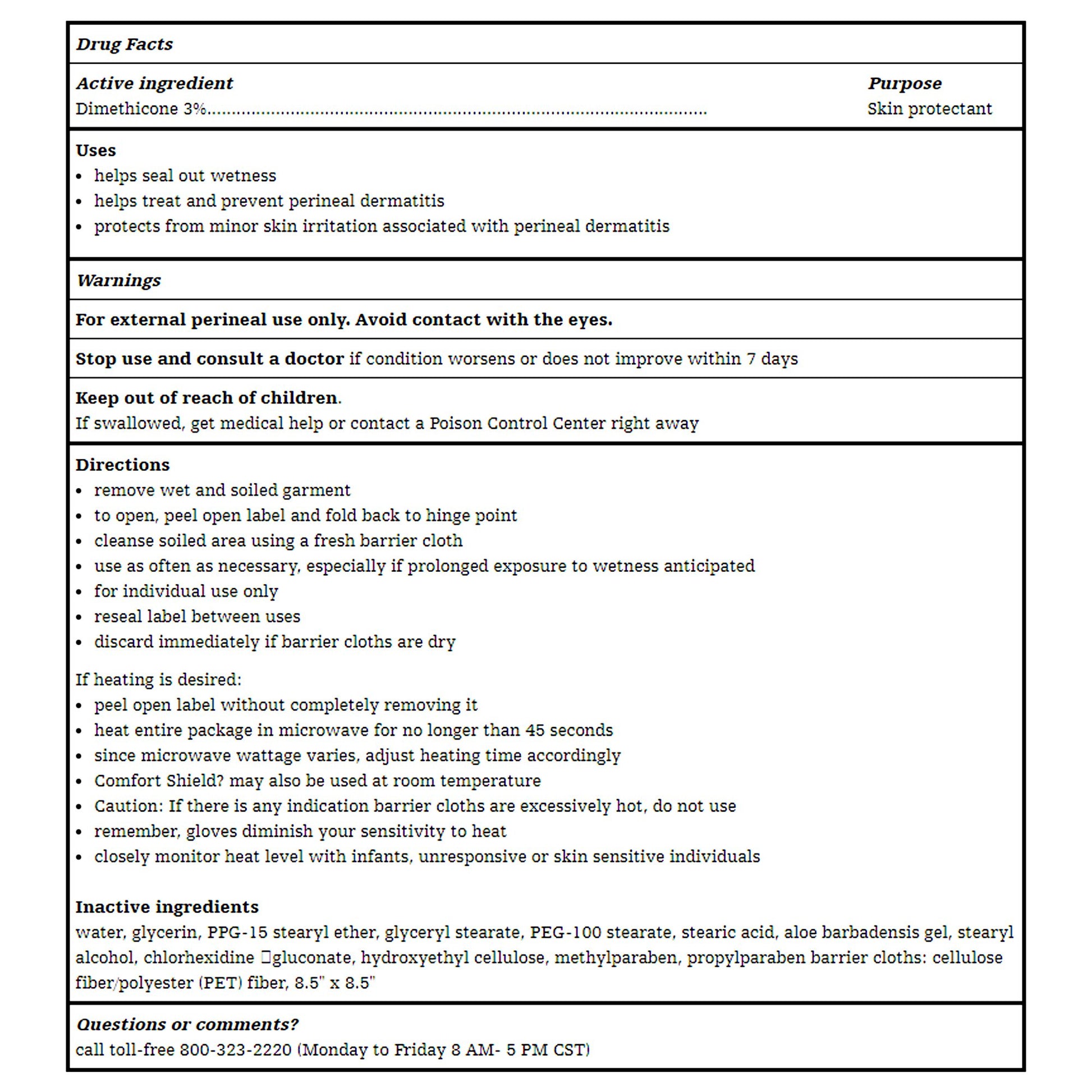Drug facts label for a skin protectant product with active ingredient Dimethicone 3%.