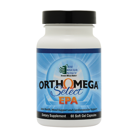 A bottle of Orthomega Select EPA dietary supplement with 60 soft gel capsules, marketed for joint comfort, cardiovascular health, and mental outlook.