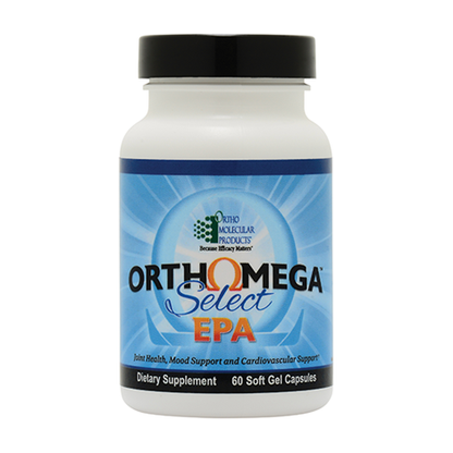 A bottle of Orthomega Select EPA dietary supplement with 60 soft gel capsules, marketed for joint comfort, cardiovascular health, and mental outlook.