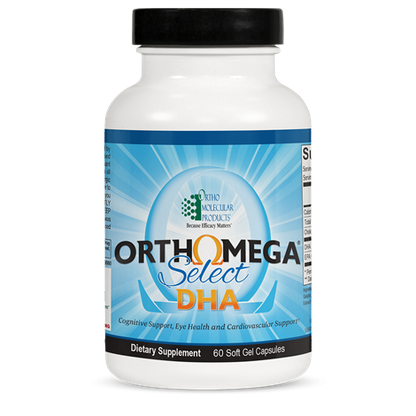 A bottle of Orthomega Select DHA soft gel capsules by Orthomolecular Products.