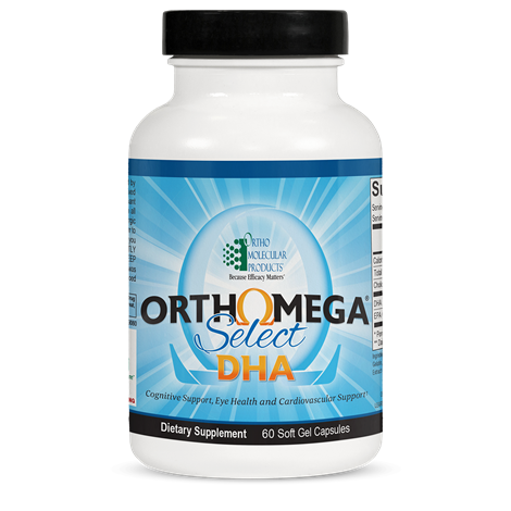 A bottle of Orthomega Select DHA soft gel capsules by Orthomolecular Products.