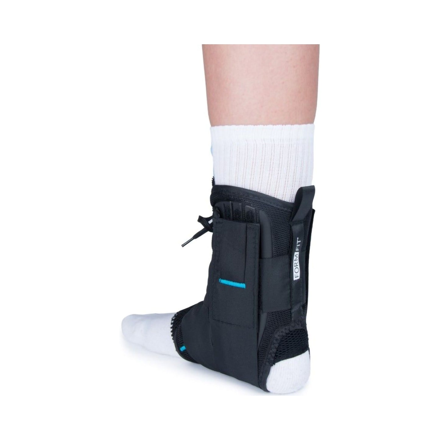 Black ankle support brace worn with a white sock on a white background