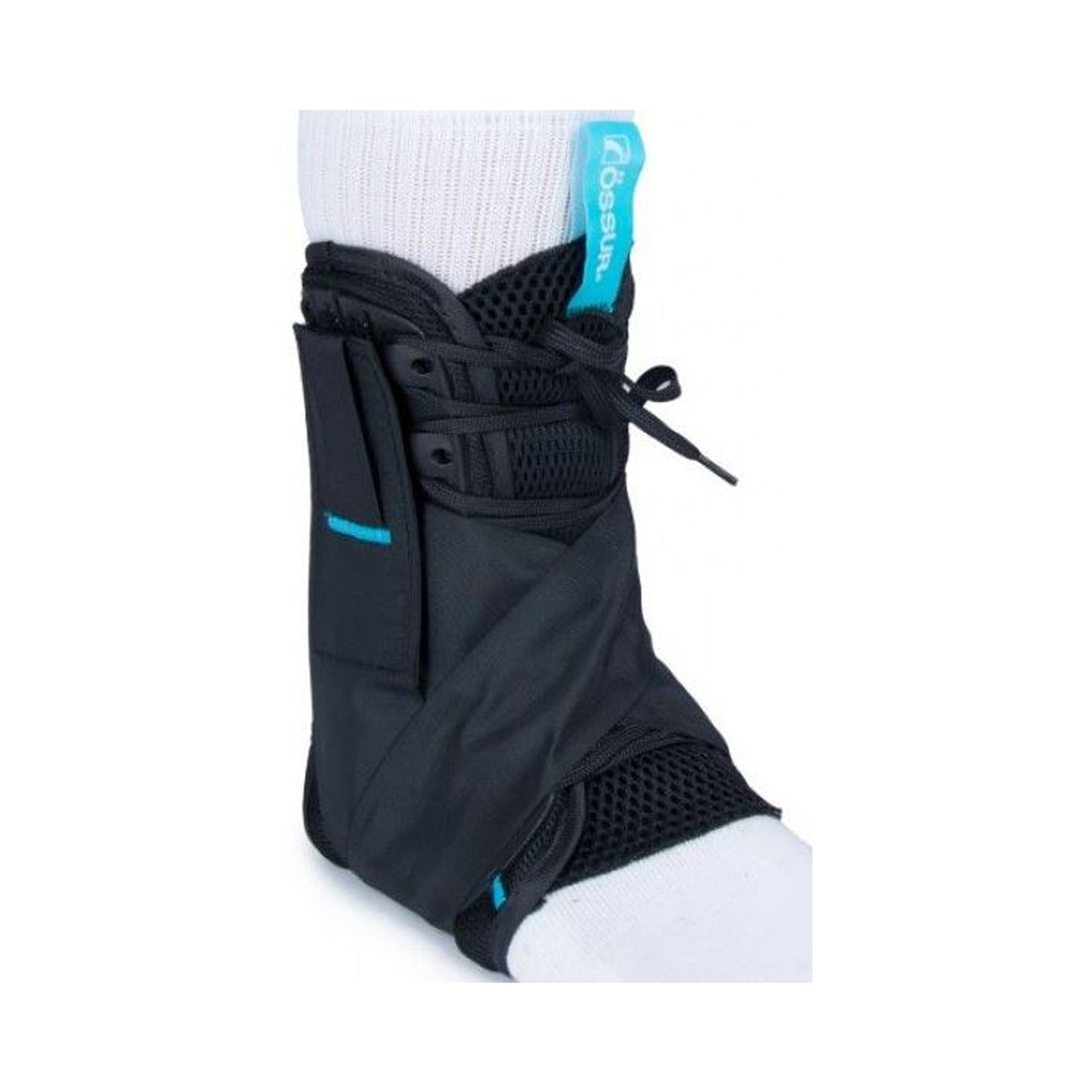 Black ankle support brace with white sock on a white background