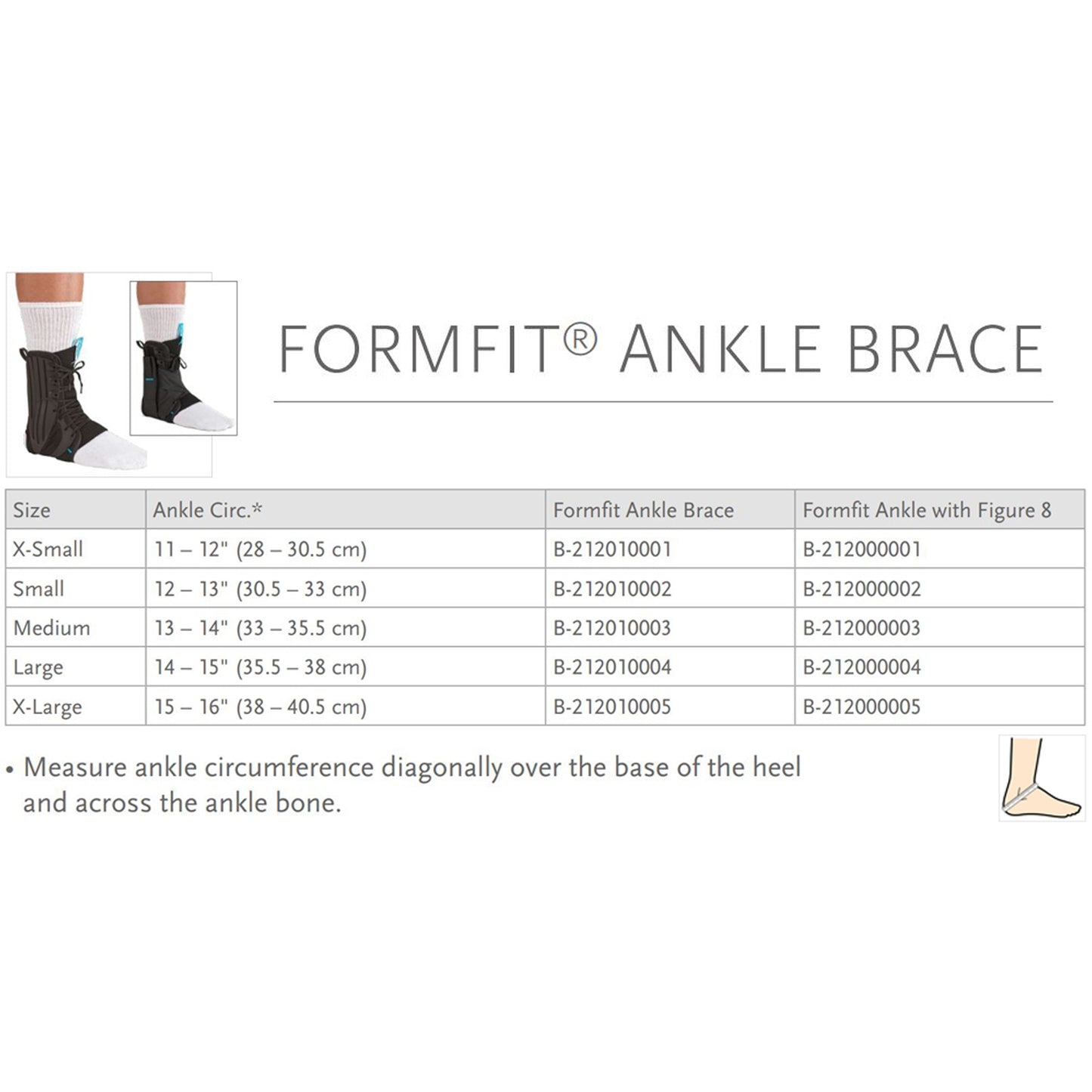 Formfit ankle brace size chart with measurements and brace codes on a white background