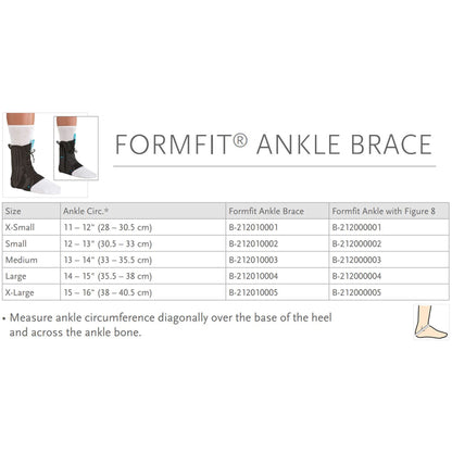 Formfit ankle brace size chart with measurements and brace codes on a white background