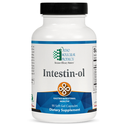 A bottle of Intestin-ol dietary supplement with 90 soft gel capsules, marketed for gastrointestinal health.
