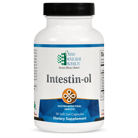 A bottle of Intestin-ol dietary supplement with 90 soft gel capsules, marketed for gastrointestinal health.