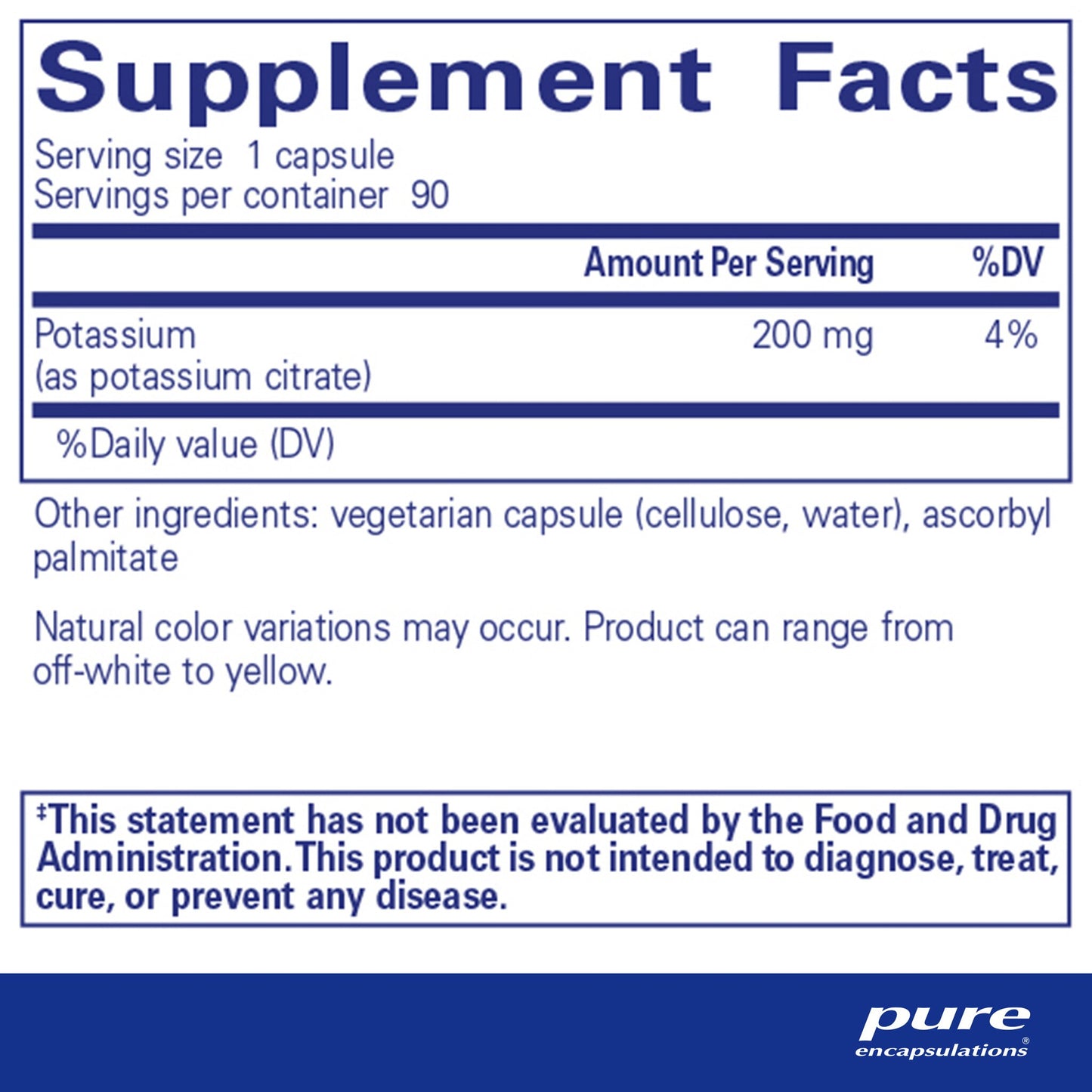 Supplement facts and ingredient information for a bottle of Pure Encapsulations Potassium (citrate) dietary supplement