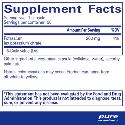 Supplement facts and ingredient information for a bottle of Pure Encapsulations Potassium (citrate) dietary supplement
