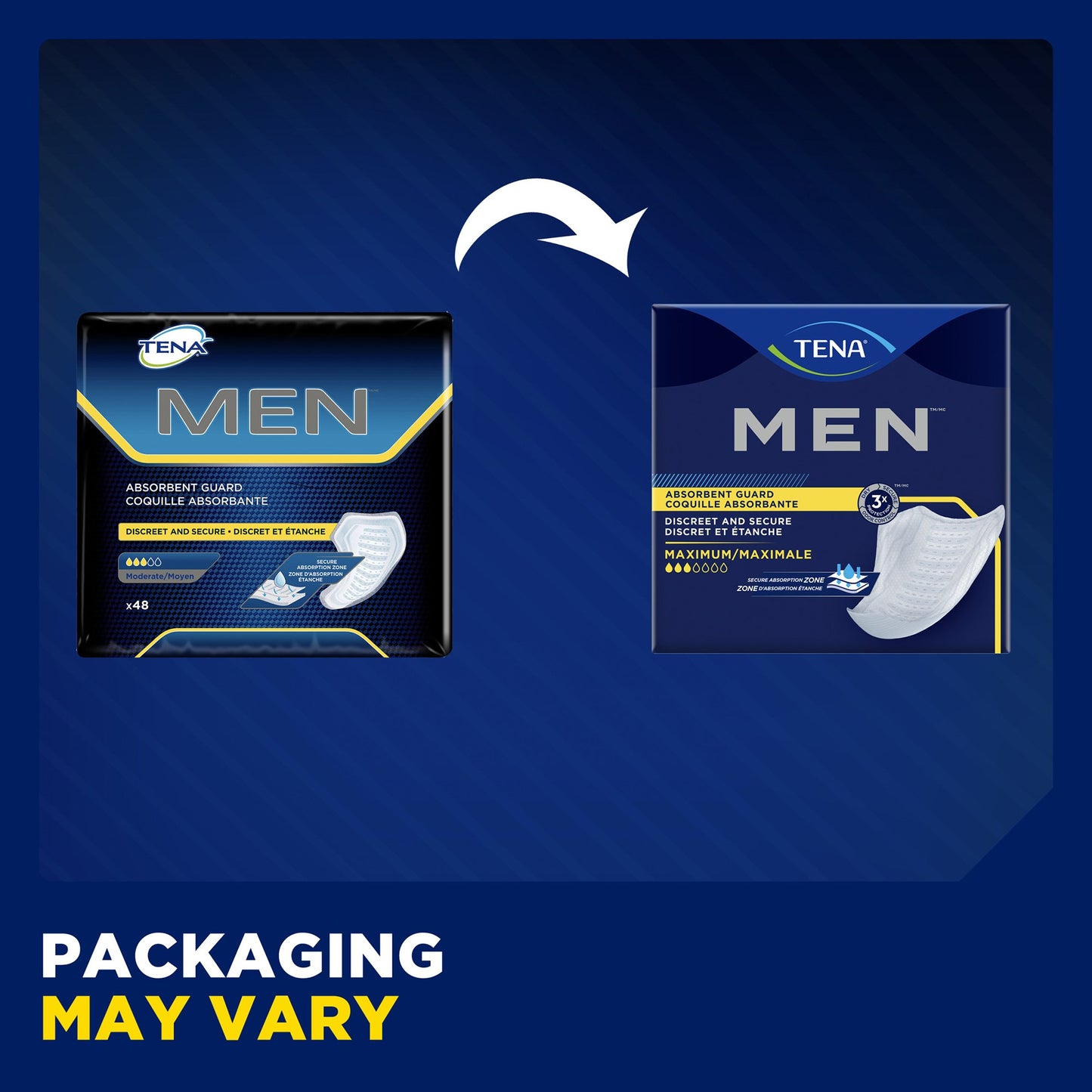 Two packages of TENA Men products on a blue background with text indicating packaging may vary.
